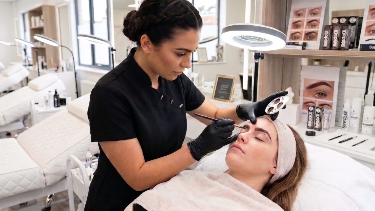 Professional beauty therapist performing soft sculpted brow treatment in salon